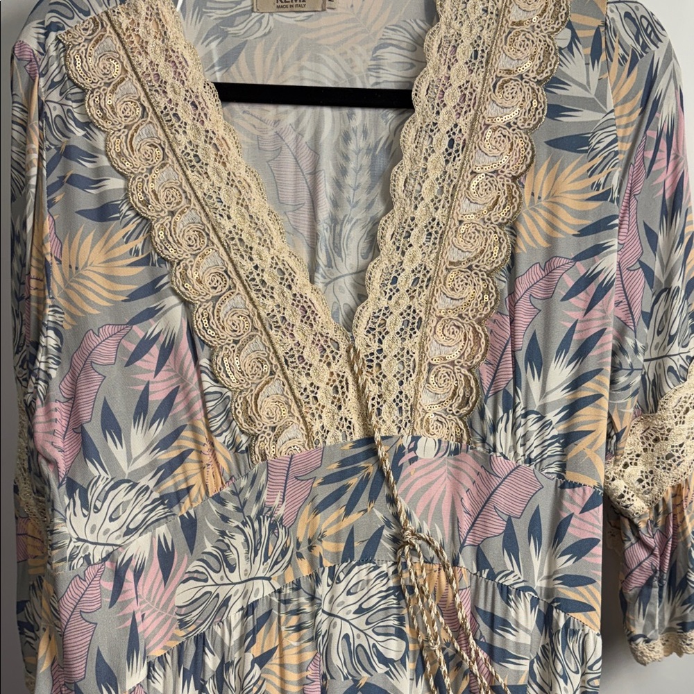 Lace-Trim Palm Print Maxi Dress in Blue and Pink